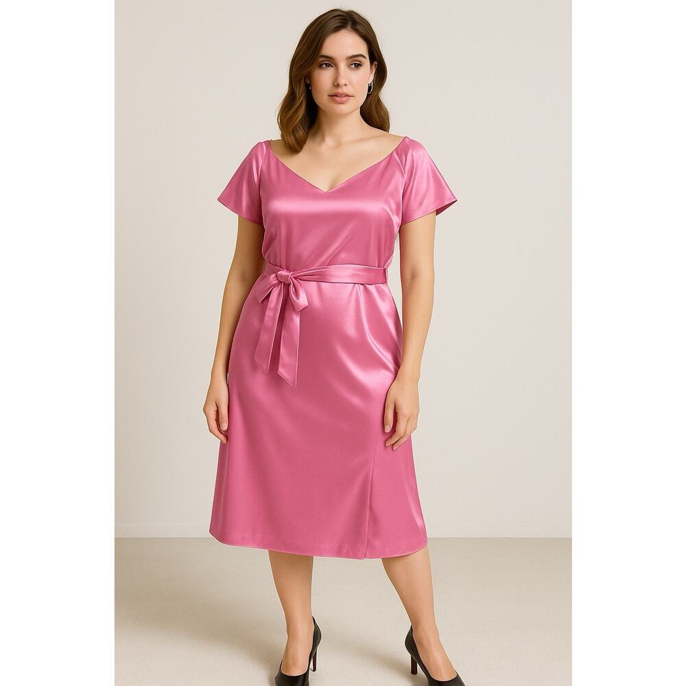 Paris Sunday Pink Satin Midi Dress Size Large Belted V-Neck Fit &‎ Flare NWT